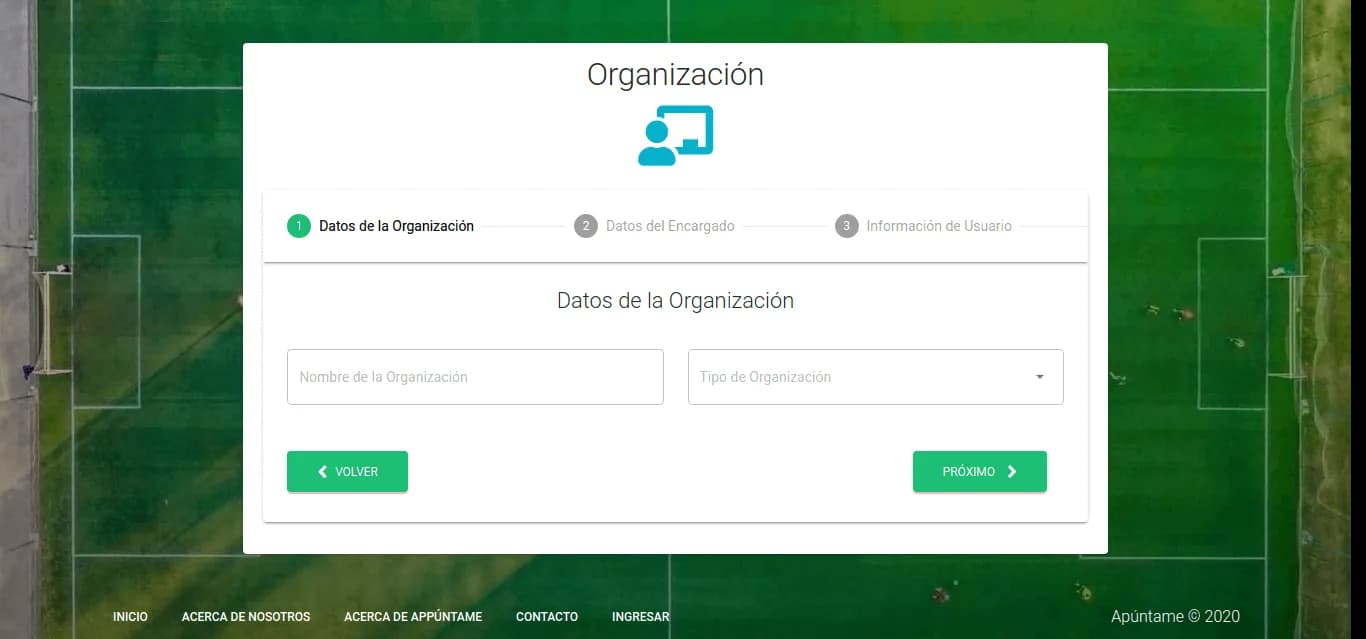 Appuntame organization sign-up, step one of three: organization name and type