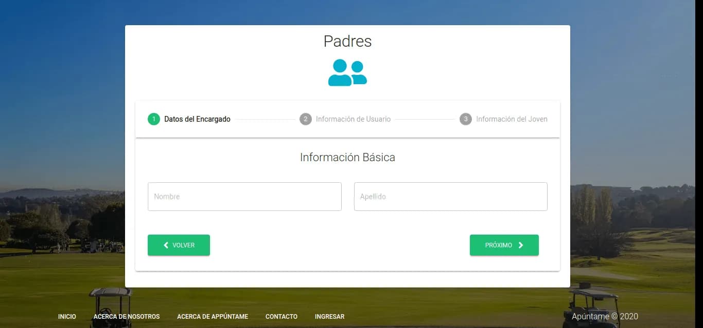 Appuntame parent sign-up, step one of three: the guardian's first and last name