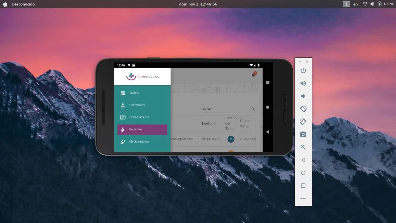 FarmaTeCuida side menu: dashboard, operators, patient record, patients and medication