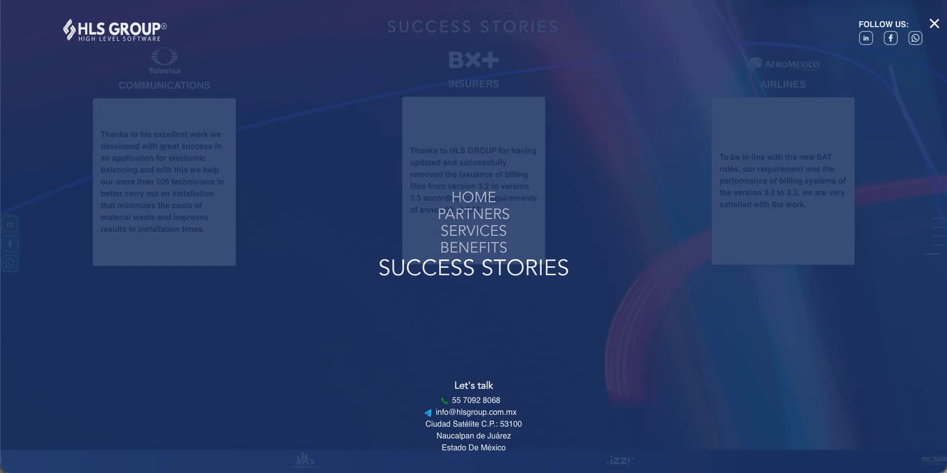 HLS Group full-screen menu open over the success stories section, with the contact details below