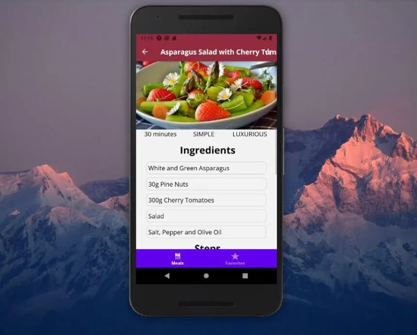 MealsApp recipe detail for an asparagus salad with cherry tomatoes: time, complexity, price and ingredients
