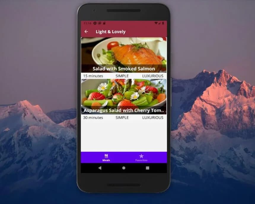 MealsApp Light & Lovely category listing two salads with preparation time, complexity and price
