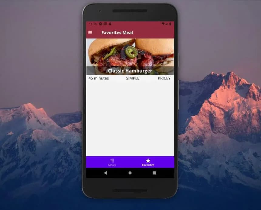 MealsApp favourites tab holding a classic hamburger recipe