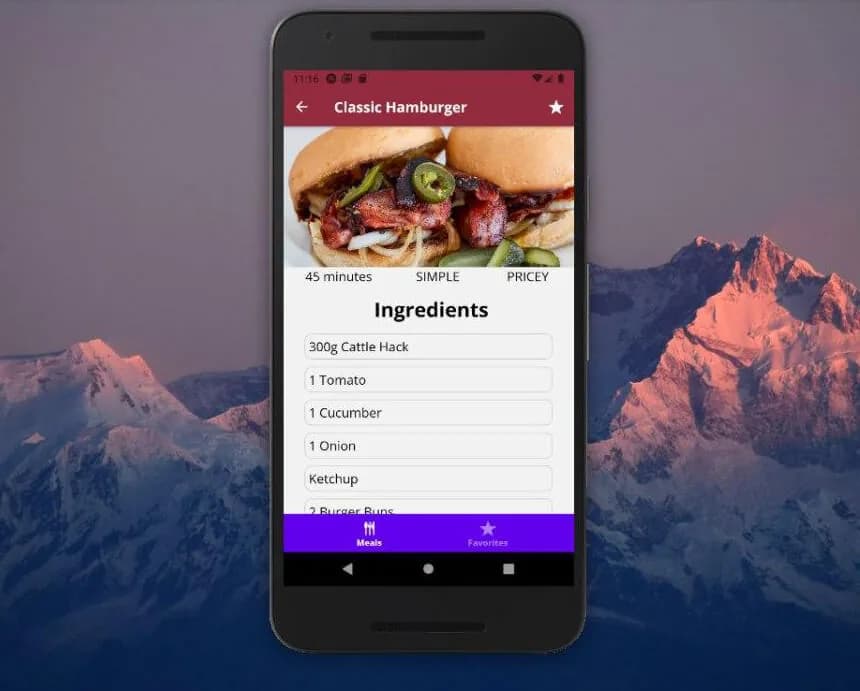 MealsApp classic hamburger recipe marked as favourite, with its ingredient list