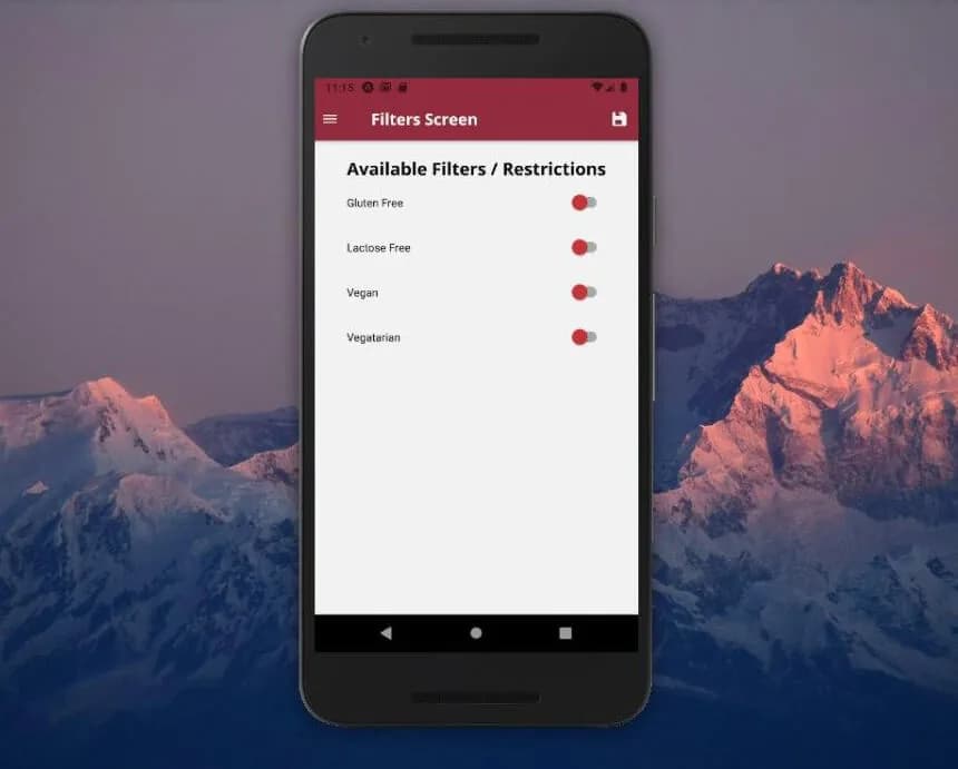 MealsApp filters screen with toggles for gluten free, lactose free, vegan and vegetarian
