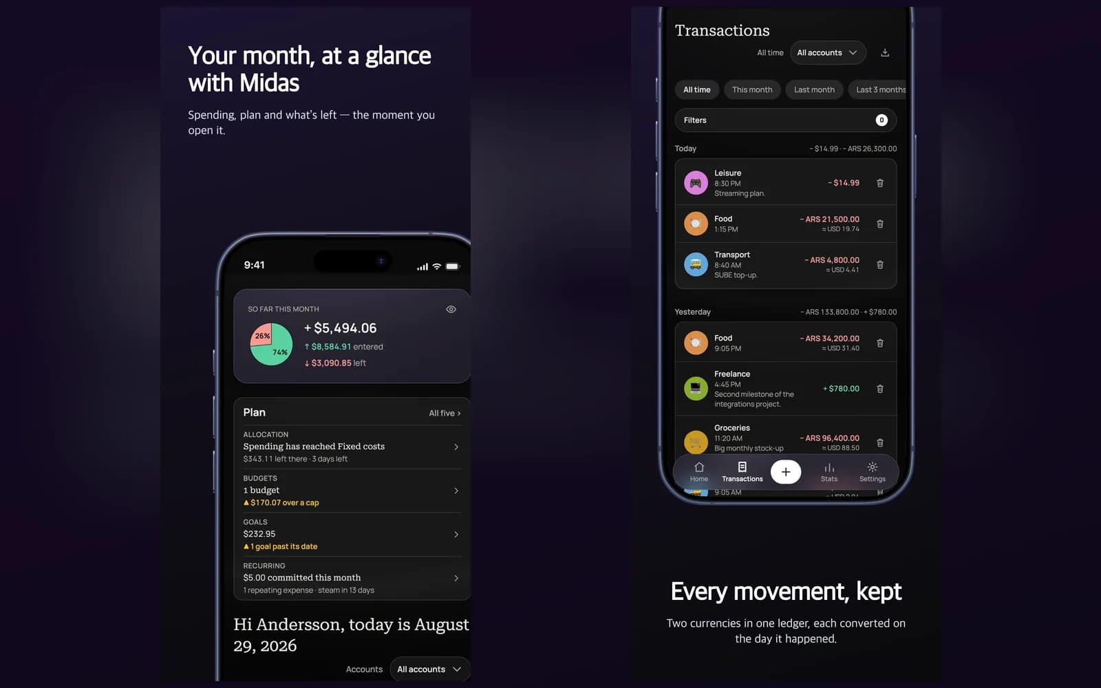 Midas home on a phone beside its transactions list, mixing USD and ARS movements, each converted on the day