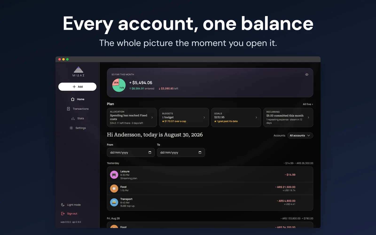 Midas desktop home: month so far, plan cards for allocation, budgets, goals and recurring, and the latest movements