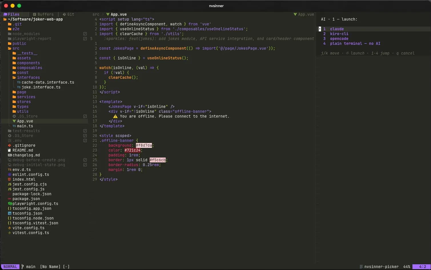 NvSinner file tree and a Vue file, with the AI column's picker offering claude, kiro-cli, opencode or a plain terminal