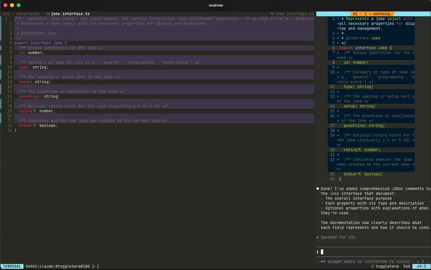 NvSinner with a Claude Code column adding JSDoc to a TypeScript interface, the edited lines washed in the file
