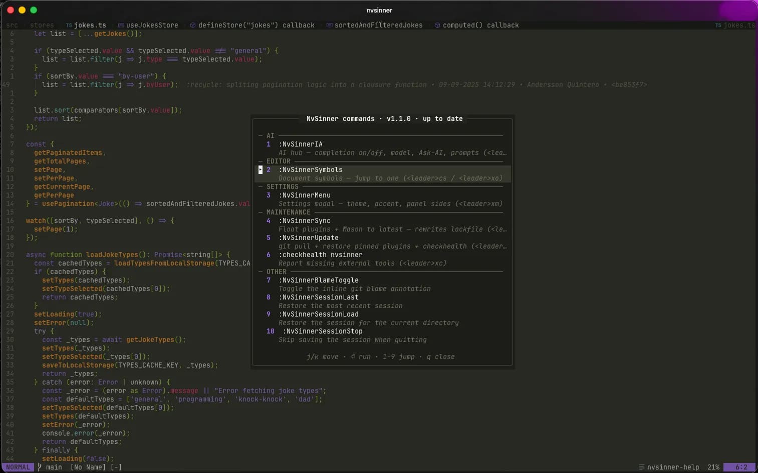 NvSinner command palette, v1.1.0: AI hub, document symbols, settings, sync, update and session commands