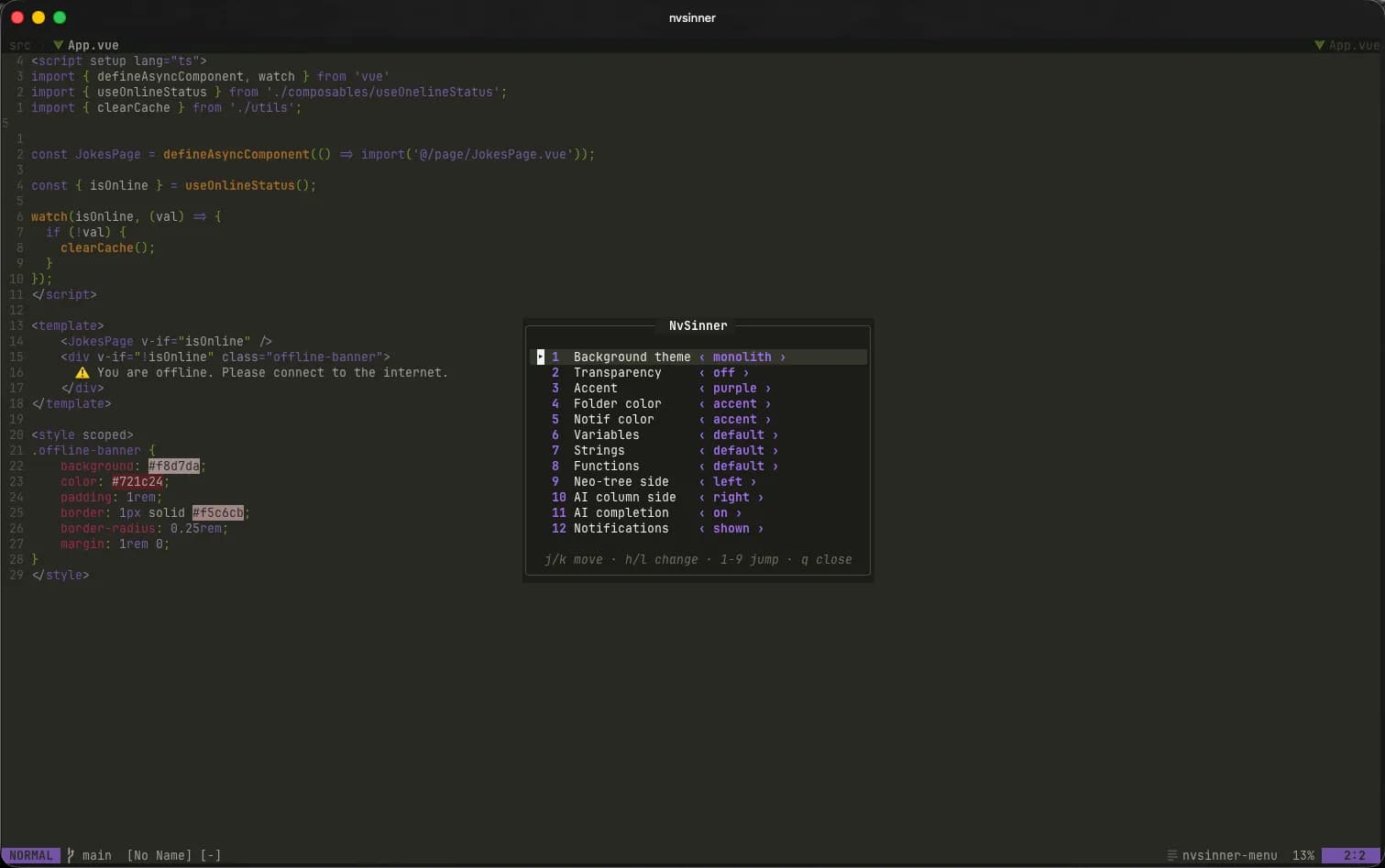 NvSinner settings modal: background theme, transparency, accent, colours, panel sides, AI completion and notifications