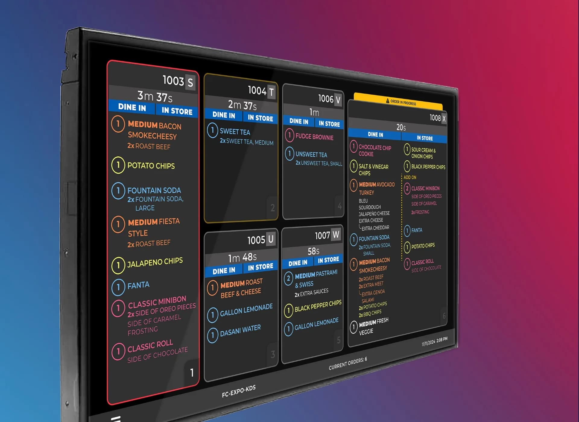 Qu Kitchen Display System on a wall screen: six order tickets with timers, dine-in and in-store labels and item lists