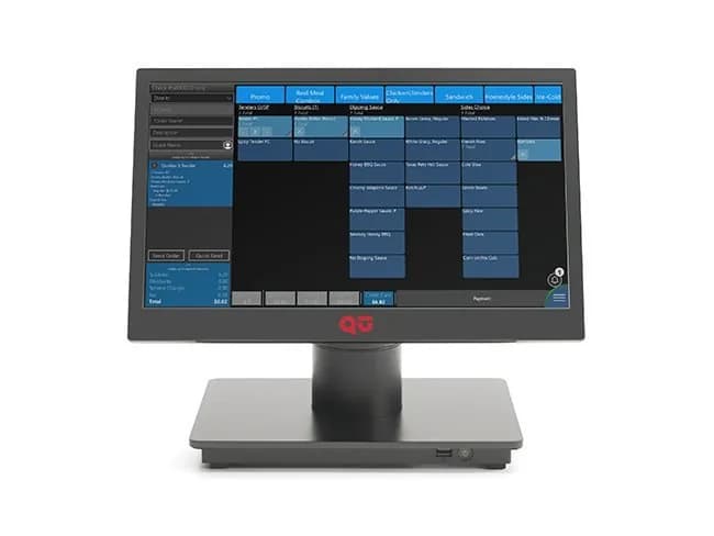 Qu point-of-sale terminal on its stand, showing the order entry screen with menu categories and a running ticket