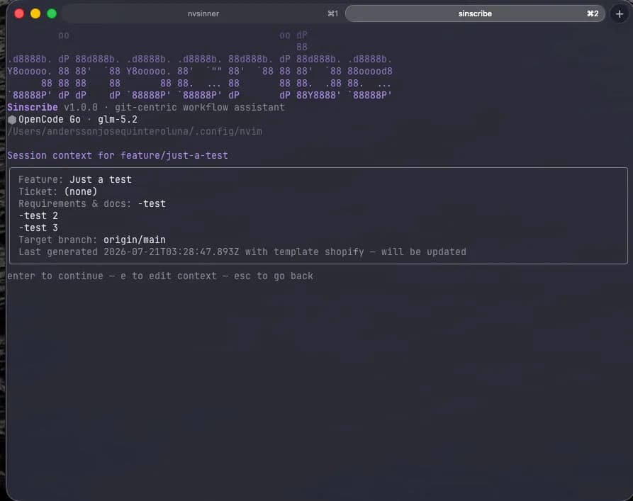 Sinscribe session context for a feature branch: feature, ticket, requirements and target branch
