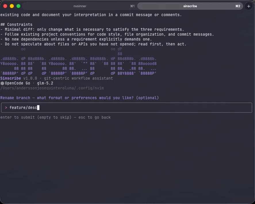 Sinscribe asking for a branch name format before renaming the branch