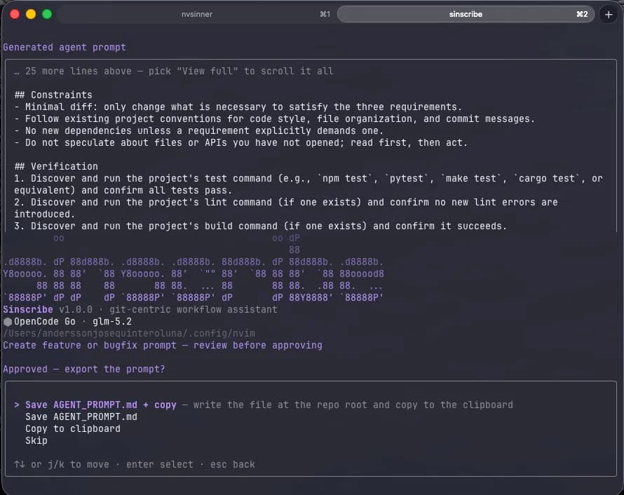 Sinscribe export options after approving a prompt: save AGENT_PROMPT.md, copy it to the clipboard, or both