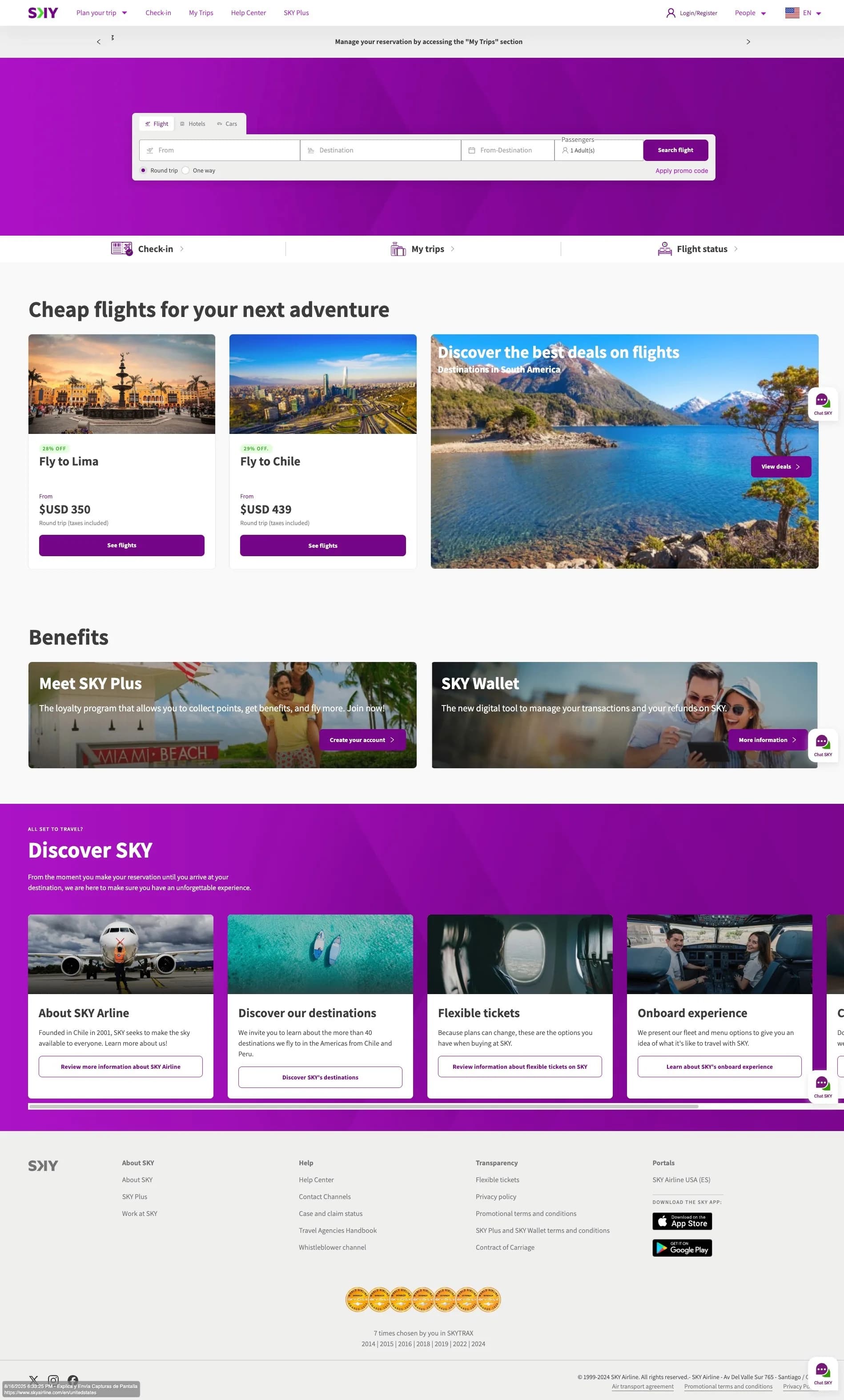 Full Sky Airlines home page: flight search, fare deals by destination, loyalty and wallet banners, and the footer