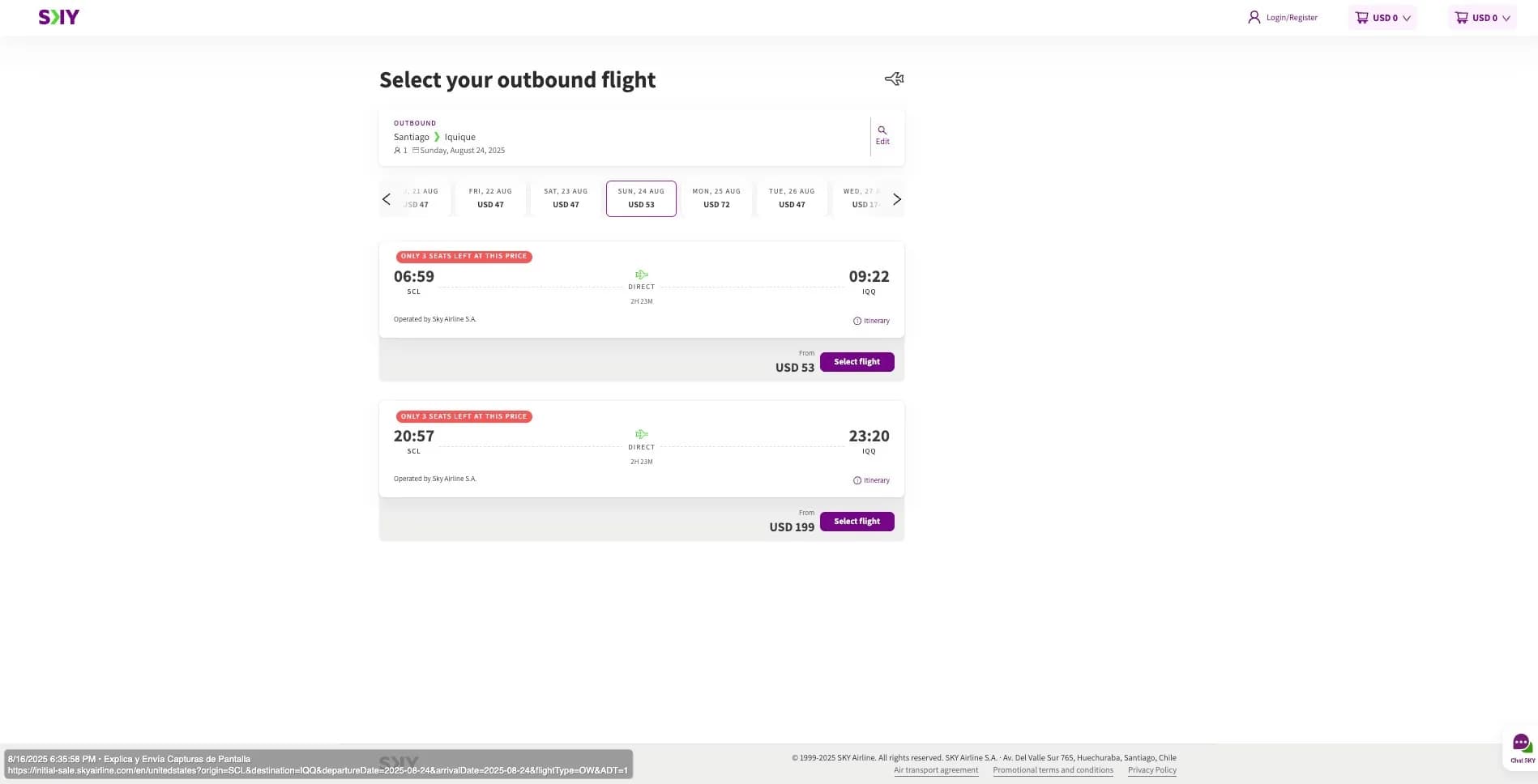 Sky Airlines outbound flight selection from Santiago to Iquique, with a fare per day and two direct flights