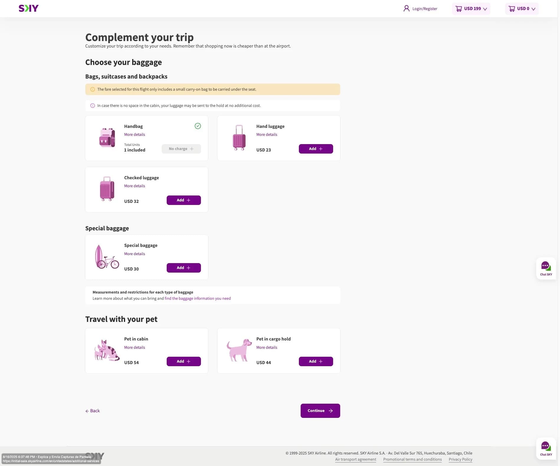 Sky Airlines extras step: baggage options with prices, special baggage and travelling with a pet