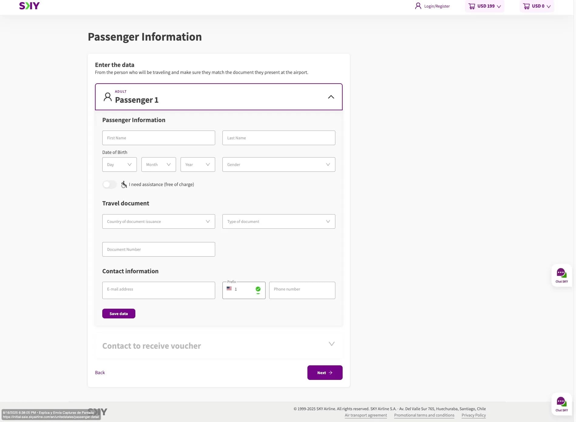 Sky Airlines passenger information form: name, date of birth, travel document and contact details