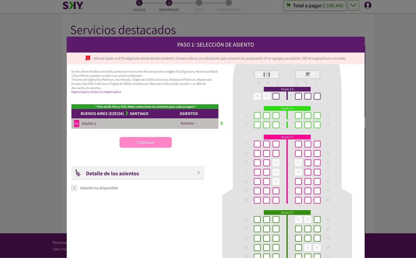 Sky Airlines legacy seat selection step, Buenos Aires to Santiago, with a colour-coded cabin seat map