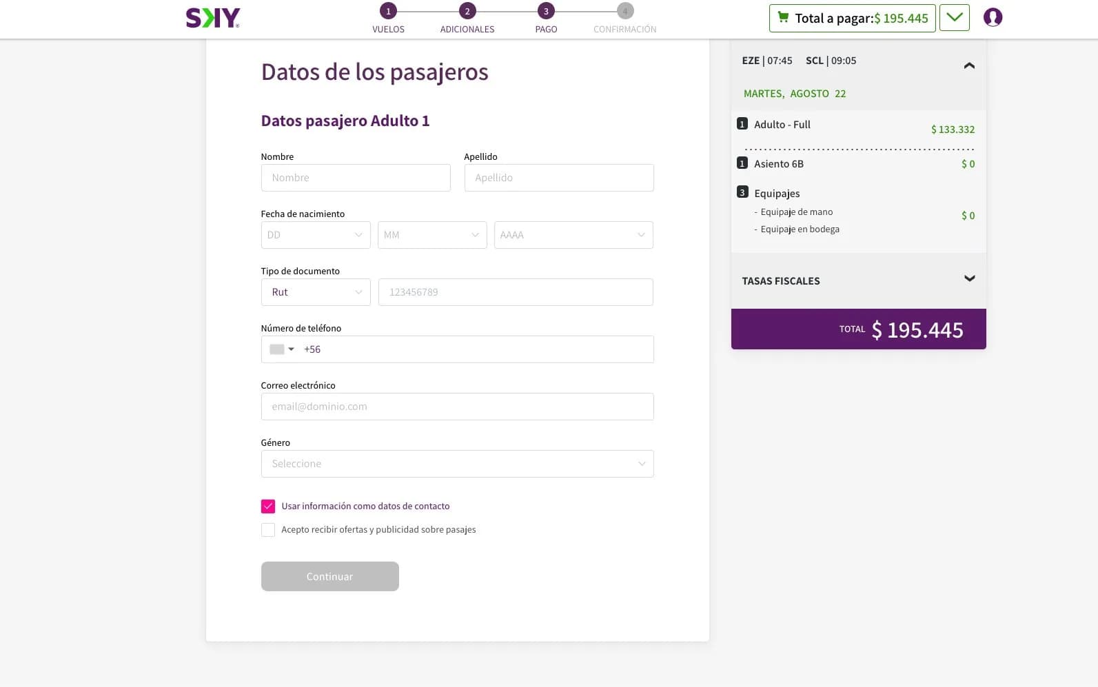 Sky Airlines legacy passenger details form beside a fare summary with seat, baggage and the total to pay