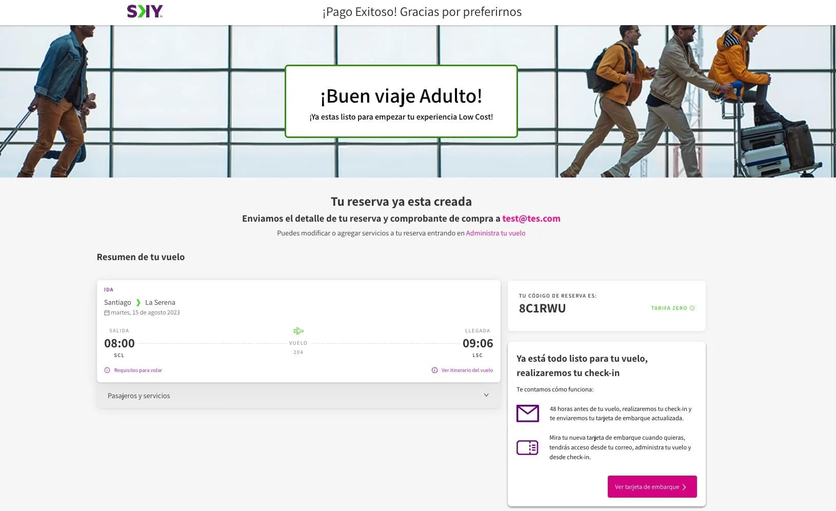 Sky Airlines legacy confirmation page: payment successful, booking code and the Santiago to La Serena flight