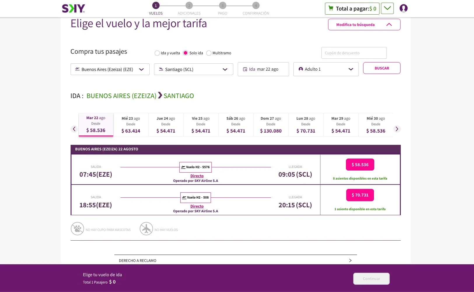 Sky Airlines legacy fare selection from Buenos Aires to Santiago, with prices per day and two direct flights