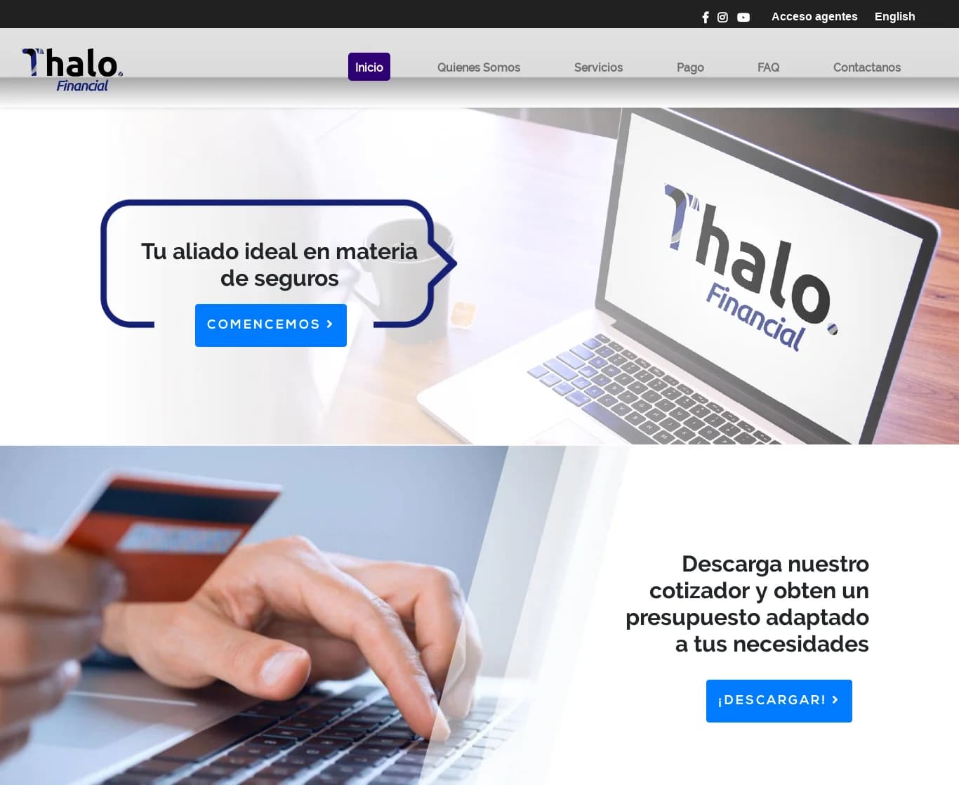 Thalo Financial home page in Spanish: an insurance hero with a call to start, and a quote tool download