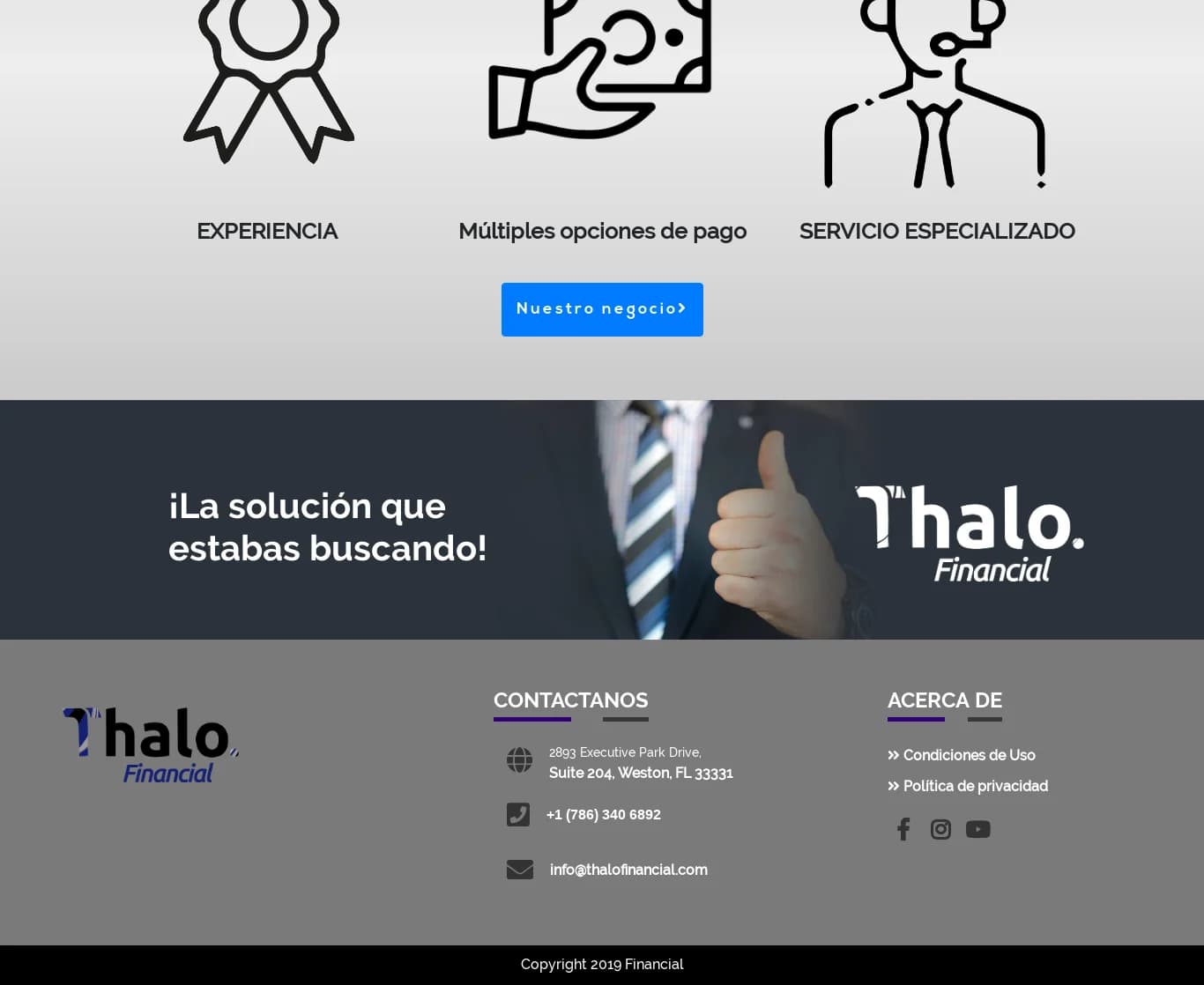 Thalo Financial benefits row (experience, payment options, specialised service), closing banner and contact footer