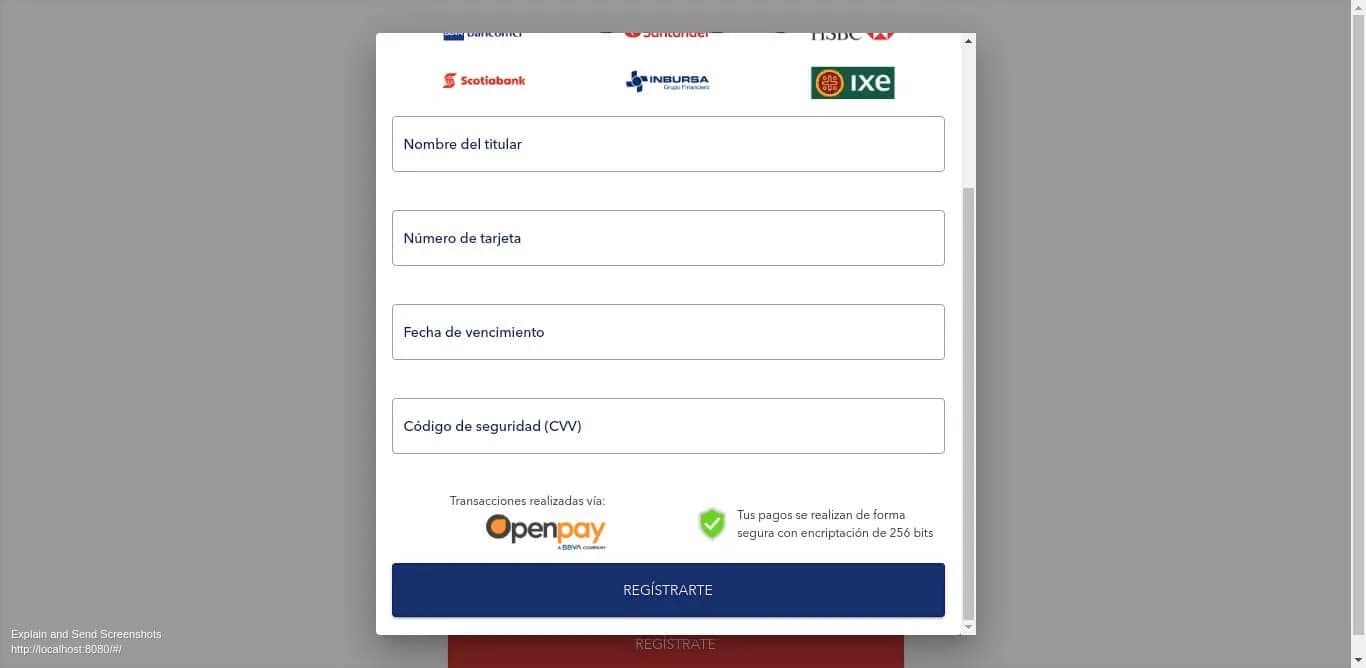 Zeller card registration form with Mexican bank logos, card fields and payments processed through Openpay