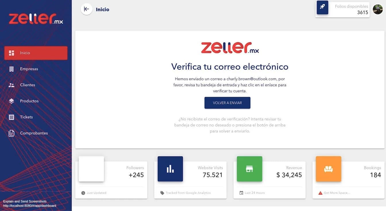 Zeller home dashboard asking to verify the email address, with the sidebar menu and available invoice credits