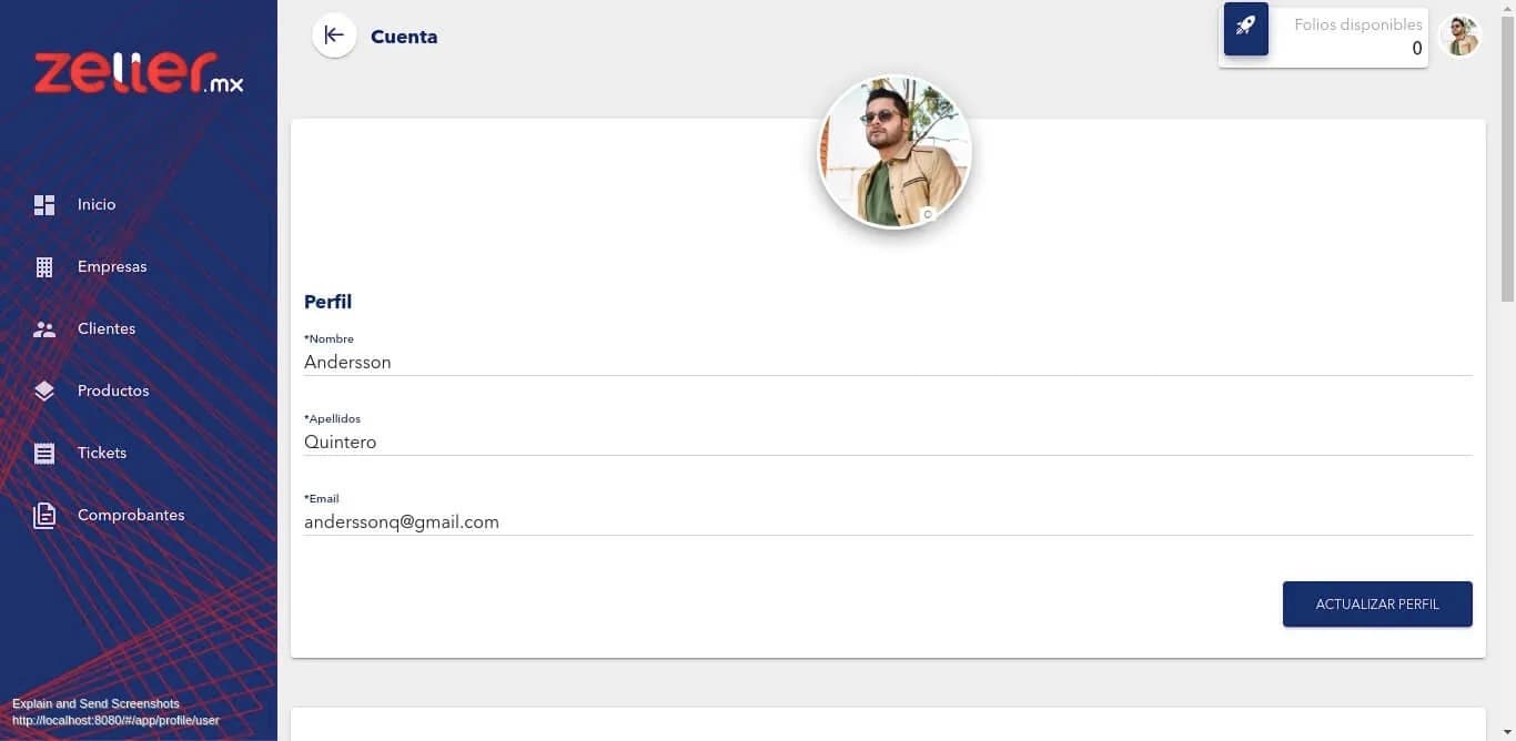 Zeller account profile page with name and email fields and the user's photo