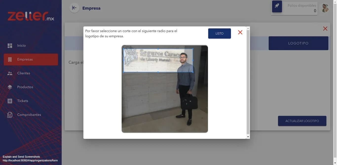 Zeller company setup: cropping a photo to use as the company logo